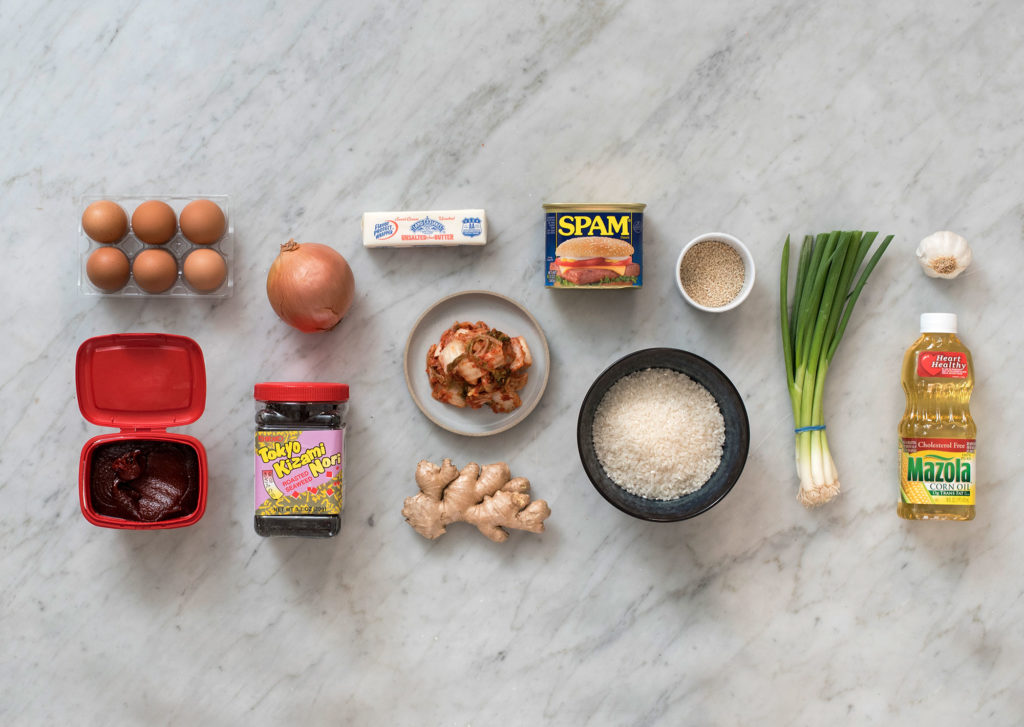 neatly arrayed ingredients for Spam fried rice