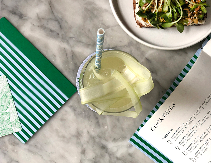 A cocktail and menus at Sunday in Brooklyn